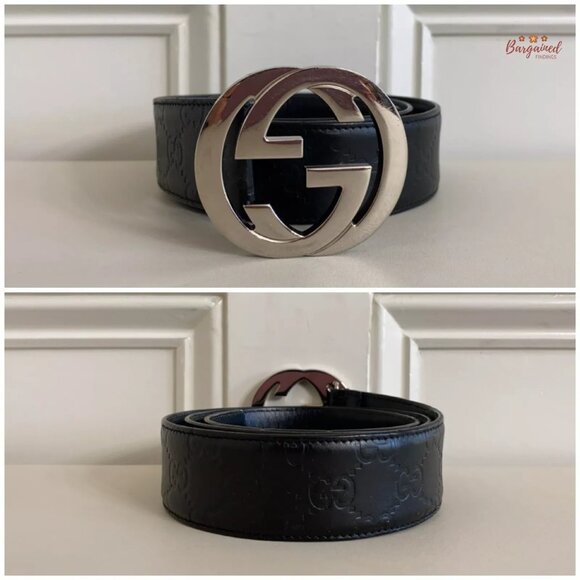 Authentic Gucci Black Guccissima Leather Silver Interlocking G Buckle Belt 90/36 - Picture 4 of 14